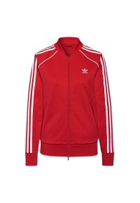 Adidas - Bluza adidas Originals Primeblue SST Track Jacket H18189 - czerwona. Kolor: czerwony. Materiał: dzianina, materiał, elastan, bawełna, poliester. Wzór: aplikacja, ze splotem. Styl: retro, sportowy, klasyczny