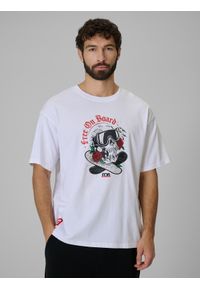 4f - 4F T-shirt loose z nadrukiem męski - biały L. Okazja: na co dzień. Kolor: biały. Materiał: dzianina, bawełna, materiał. Wzór: nadruk. Styl: casual #1