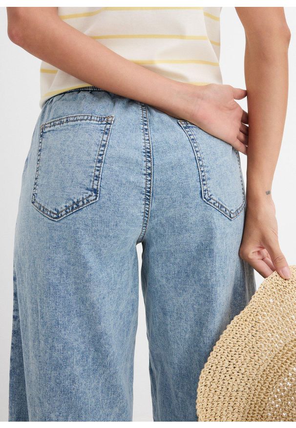 bonprix - Dżinsy barrel, średni stan, z elastyczną gumą w talii. Kolor: niebieski