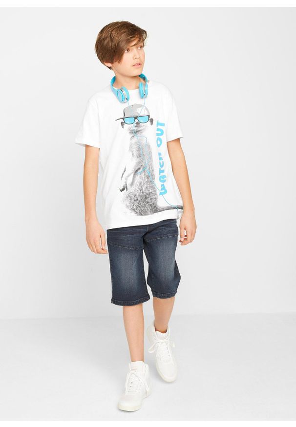 bonprix - Bermudy dżinsowe z elastycznym paskiem, ze stretchem, regular fit. Okazja: na co dzień. Kolor: niebieski. Styl: casual, klasyczny