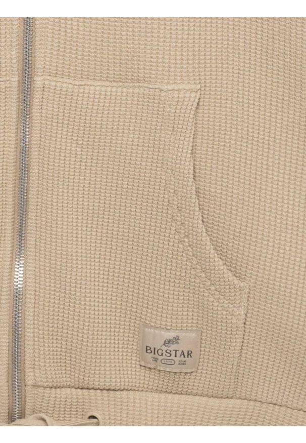 Big-Star - Bluza damska rozpinana z kapturem beżowa Grala 801. Okazja: na co dzień. Typ kołnierza: kaptur. Kolor: beżowy. Materiał: dzianina, żakard. Wzór: aplikacja, ze splotem. Styl: casual, elegancki