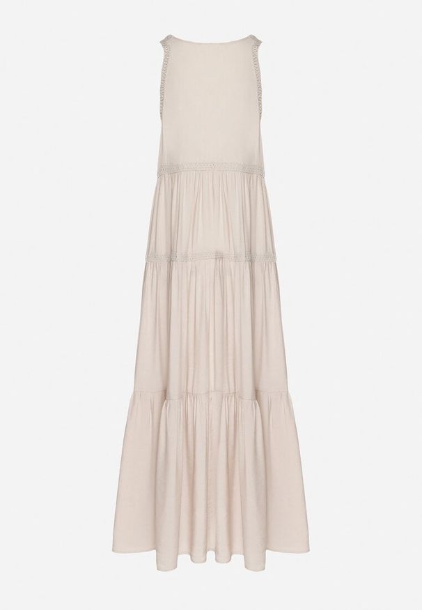 Born2be - Beżowa Sukienka z Wiskozą i Szydełkowym Wzorem Meviellea. Okazja: na co dzień. Typ kołnierza: dekolt w kształcie V. Kolor: beżowy. Materiał: wiskoza. Wzór: haft. Styl: elegancki, casual