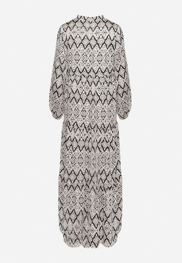 Born2be - Czarno-Biała Rozkloszowana Sukienka Ściągana w Pasie Sznurkiem, Zapinana na Guziki Biemarie. Kolor: czarny