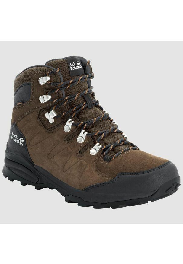 Buty trekkingowe męskie Jack Wolfskin Refugio Texapore Mid. Wysokość cholewki: za kostkę. Zapięcie: sznurówki. Kolor: brązowy, szary, wielokolorowy. Materiał: skóra, materiał. Szerokość cholewki: normalna