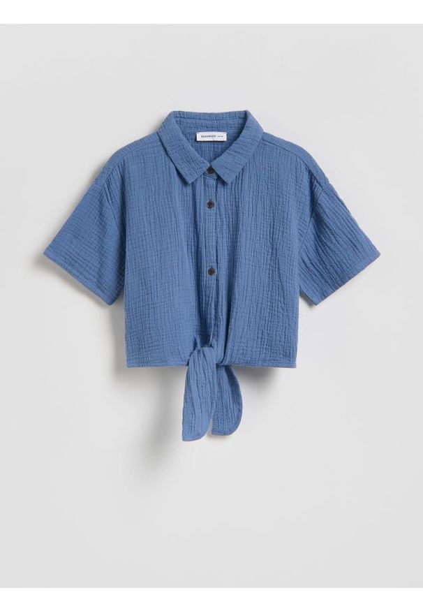 Reserved - Muślinowa koszula z wiązaniem - niebieski. Kolor: niebieski. Materiał: bawełna