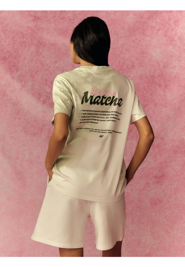 4f - 4F T-shirt oversize z nadrukiem damski - zielony S. Okazja: na co dzień. Kolor: zielony. Materiał: materiał, bawełna, dzianina. Wzór: nadruk. Styl: casual