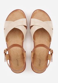 Renee - Beżowe Płaskie Sandały VICES z Cholewką ze Skrzyżowanymi Paskami Emelika. Zapięcie: pasek. Kolor: beżowy. Wzór: haft. Styl: boho #7