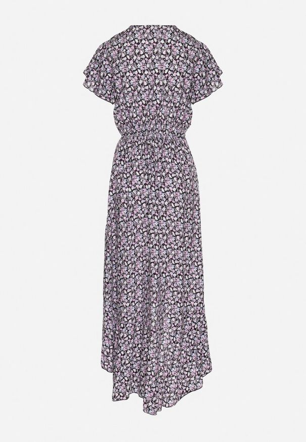 Born2be - Czarno-Różowa Bawełniana Sukienka z Gumką w Talii i Asymetrycznym Dołem Orrizae. Okazja: na co dzień. Typ kołnierza: dekolt kopertowy, kołnierz z falbankami. Kolor: czarny. Materiał: bawełna. Długość rękawa: krótki rękaw. Sezon: wiosna, lato. Typ sukienki: asymetryczne. Styl: elegancki, casual