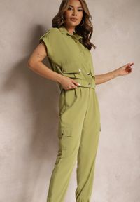 Renee - Ciemnozielony 2-częściowy Komplet z Bluzką i Spodniami Ezrala. Kolor: zielony. Wzór: aplikacja
