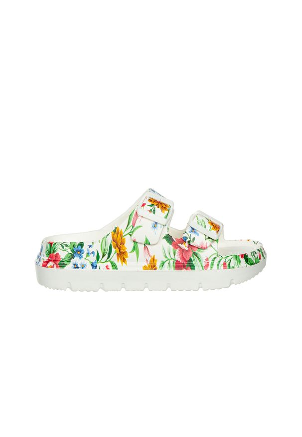 Klapki Laura Vita Nuon 17 Vert 202062, Biały, Tworzywo - 40. Okazja: na plażę. Kolor: biały. Materiał: tworzywo sztuczne. Wzór: kwiaty, kolorowy, paski. Styl: elegancki, wakacyjny
