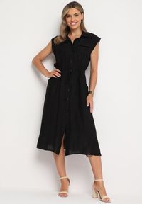 Born2be - Czarna Wiskozowa Sukienka o Koszulowym Kroju z Paskiem w Talii Mareviana. Kolor: czarny. Materiał: wiskoza. Typ sukienki: koszulowe. Styl: klasyczny #1