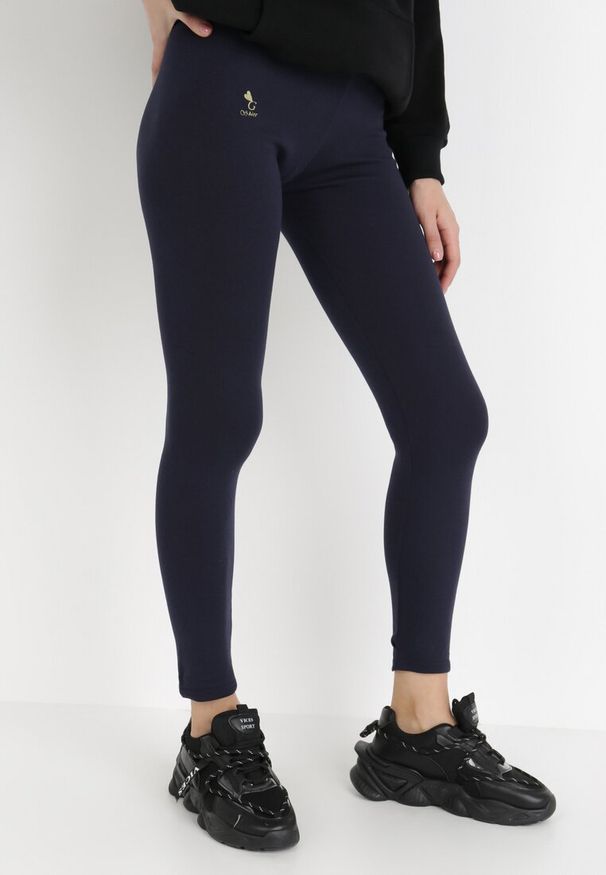 Born2be - Granatowe Legginsy Purah. Kolor: niebieski. Długość: długie. Wzór: gładki, aplikacja, nadruk