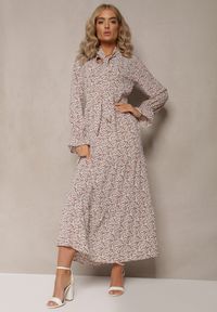 Renee - Brązowo-Biała Sukienka Pherone. Kolor: biały. Materiał: zamsz. Wzór: aplikacja, kwiaty. Styl: elegancki. Długość: maxi