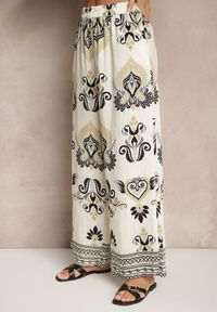 Renee - Beżowo-Czarny Komplet z Wiskozą Szerokie Spodnie i Bluzka w Stylu Boho Rinadora. Kolor: beżowy. Materiał: wiskoza #4