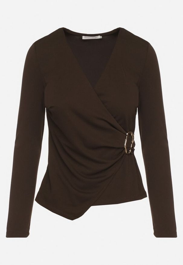 Born2be - Brązowa Asymetryczna Bluzka z Marszczeniem i Klamrą w Talii Zennisea. Okazja: na co dzień, do pracy, na spotkanie biznesowe. Typ kołnierza: dekolt w kształcie V. Kolor: brązowy. Materiał: skóra. Długość rękawa: długi rękaw. Długość: długie. Styl: casual, biznesowy