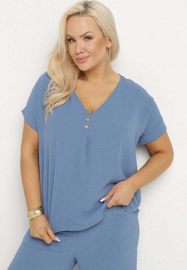 Born2be - Niebieski Komplet o Fasonie Oversize Bluzka i Szerokie Spodnie Amisora. Kolor: niebieski