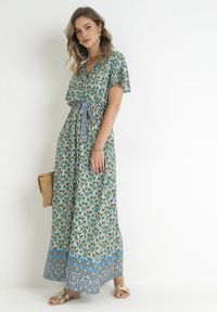 Born2be - Miętowa Sukienka z Wiskozy w Etno Wzór z Gumką i Paskiem w Talii Lucassa. Kolor: miętowy. Materiał: wiskoza. Styl: etno #1