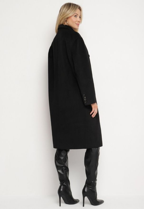 Born2be - Czarny Płaszcz o Dwurzędowym Kroju z Kieszeniami Sileti. Okazja: na co dzień, na spacer. Kolor: czarny. Materiał: jeans. Styl: casual, elegancki