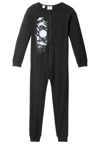 bonprix - Piżama jednoczęściowa z bawełny organicznej. Kolor: czarny. Materiał: bawełna. Wzór: nadruk #1