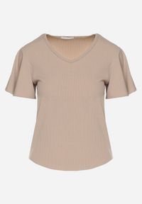 Born2be - Ciemnobeżowa Bluzka z Szerokimi Rękawami Sunevia. Okazja: na co dzień. Typ kołnierza: dekolt w kształcie V. Kolor: beżowy. Materiał: jeans. Styl: casual, elegancki #5