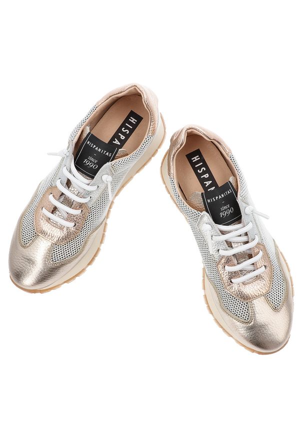 Biało-Złote Sneakersy Hispanitas Modne Obuwie Damskie. Kolor: biały. Materiał: skóra. Szerokość cholewki: normalna. Styl: elegancki, klasyczny, sportowy
