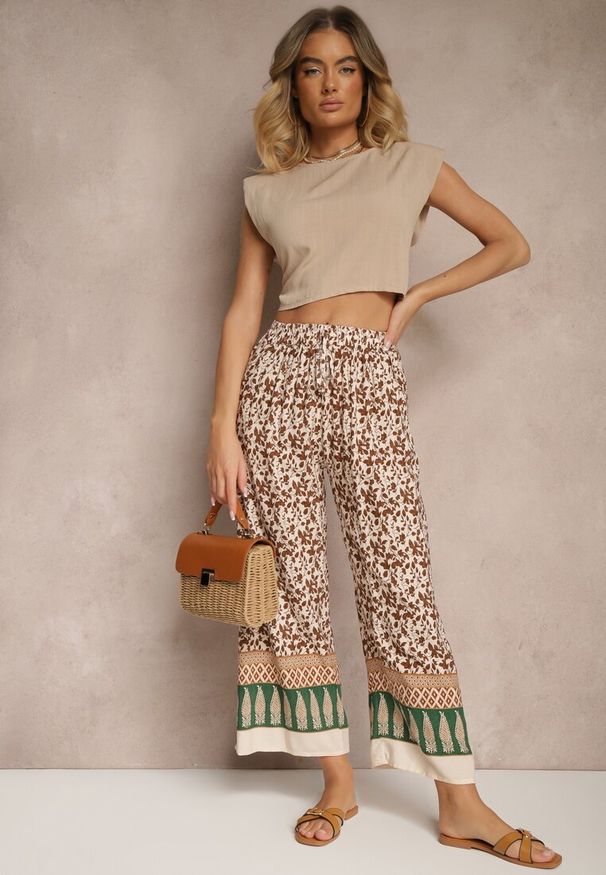 Renee - Brązowe Spodnie z Bawełny High Waist z Abstrakcyjnym Wzorem Lisathiela. Okazja: na co dzień. Stan: podwyższony. Kolor: brązowy. Materiał: bawełna. Styl: casual