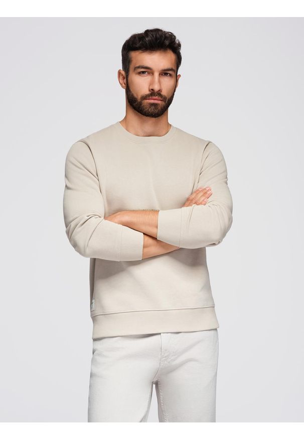 Ombre Clothing - Męska bluza dresowa BASIC z okrągłym dekoltem - jasnobeżowa V1 - Rozmiar: XXL. Kolor: beżowy. Materiał: dresówka