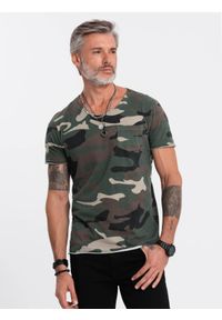 Ombre Clothing - T-shirt męski bawełniany V-NECK - khaki-camo V5 S1616 - XL. Kolor: brązowy. Materiał: bawełna #1