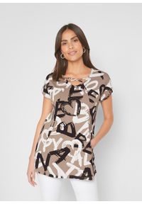 bonprix - Długi T-shirt. Kolor: brązowy. Długość: długie. Wzór: nadruk #1