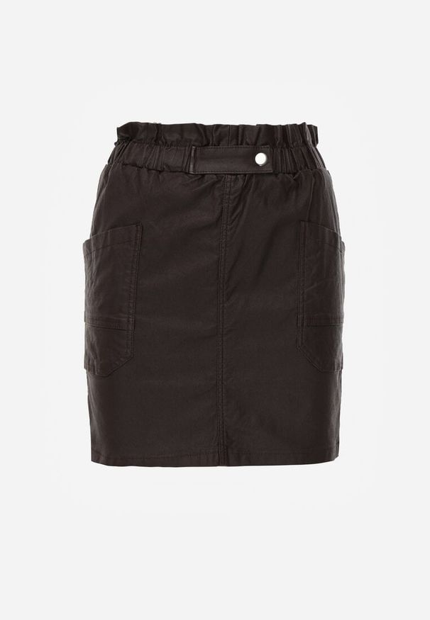 Renee - Ciemnobrązowa Dopasowana Spódnica Mini z Imitacji Skóry z Gumką w Talii i Kieszeniami Anishree. Kolor: brązowy. Materiał: skóra