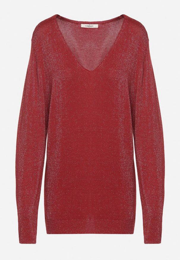 Born2be - Bordowy Wiskozowy Sweter o Pudełkowym Kroju z Metaliczną Nitką Essmia. Okazja: na co dzień, na spacer. Typ kołnierza: dekolt w serek. Kolekcja: plus size. Kolor: czerwony. Materiał: wiskoza. Styl: klasyczny, casual