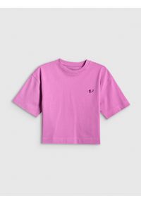 4f - 4F T-shirt loose gładki dziewczęcy - różowy 122/128 (6-8 lat). Okazja: na spacer, na co dzień, na uczelnię. Kolor: fioletowy. Materiał: dzianina, bawełna, skóra, materiał. Wzór: gładki. Sezon: lato. Styl: casual #1