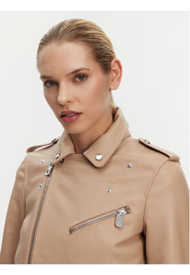 Pinko - PINKO Kurtka skórzana 103897 A21L Beżowy Regular Fit. Kolor: beżowy. Materiał: skóra