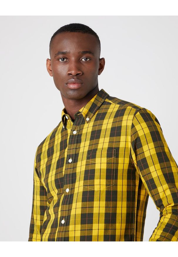 Wrangler - WRANGLER LS 1PKT BUTTON DOWN MĘSKA KOSZULA GOLDEN ROD W5F34MX1K 112130124. Typ kołnierza: button down