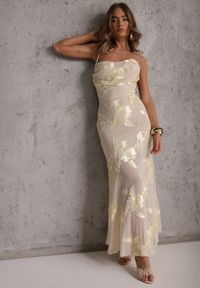 Renee - Beżowa Wieczorowa Sukienka z Siateczki z Gorsetowym Wiązaniem na Plecach Cezenna. Okazja: na co dzień. Typ kołnierza: dekolt gorset. Kolor: beżowy. Wzór: aplikacja, kwiaty. Typ sukienki: gorsetowe. Styl: wizytowy #1