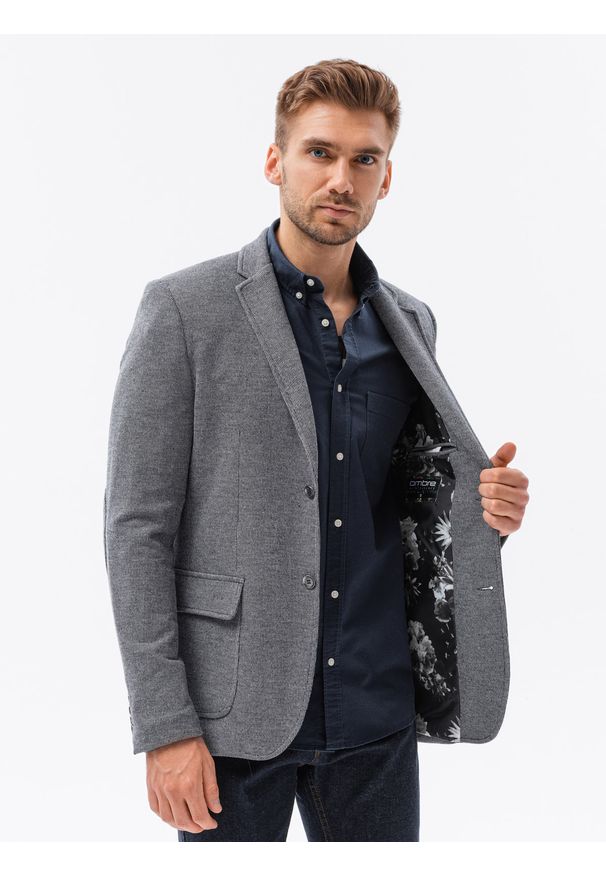 Ombre Clothing - Marynarka męska casual M162 - granatowa - XXL. Okazja: na co dzień. Kolor: niebieski. Materiał: poliester, bawełna, dzianina. Wzór: kwiaty. Styl: casual