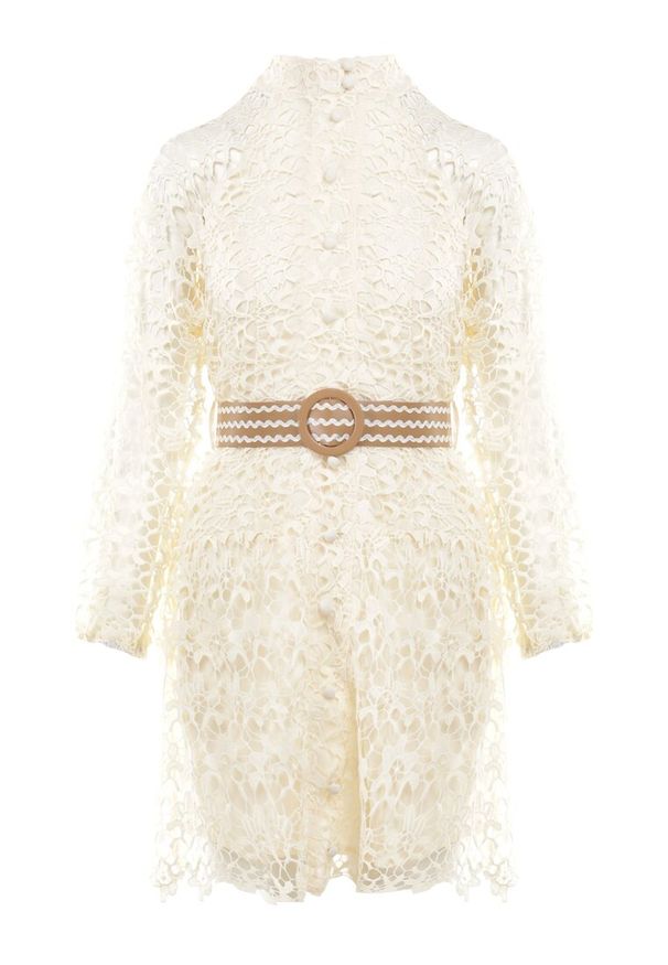 Born2be - Jasnobeżowa Sukienka z Paskiem Demamia. Okazja: na co dzień. Typ kołnierza: kołnierzyk stójkowy. Kolor: beżowy. Materiał: materiał, koronka. Długość rękawa: długi rękaw. Typ sukienki: proste. Styl: casual. Długość: mini