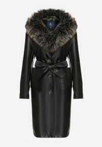 Born2be - Czarny Jednorzędowy Płaszcz z Imitacji Skóry z Wiązanym Paskiem i Odpinanym Futrem Semivora. Okazja: na co dzień. Kolor: czarny. Materiał: futro, skóra. Długość rękawa: długi rękaw. Długość: długie. Styl: elegancki, casual, rockowy #3