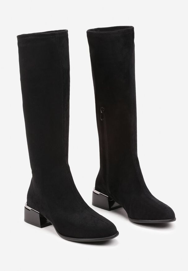 Born2be - Czarne Kozaki na Obcasie z Metaliczną Wstawką Asbila. Okazja: na co dzień. Zapięcie: zamek. Kolor: czarny. Materiał: jeans. Obcas: na obcasie. Styl: klasyczny, casual. Wysokość obcasa: średni