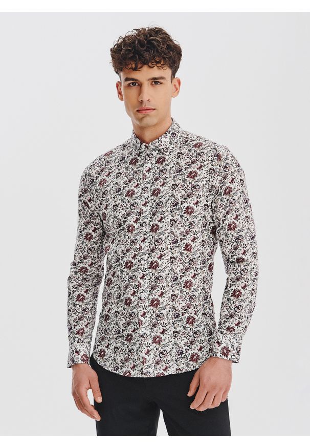 Pako Lorente - PAKO LORENTE – Biała koszula w kwiaty. Typ kołnierza: kołnierzyk klasyczny. Kolor: biały. Materiał: elastan, bawełna. Długość rękawa: długi rękaw. Długość: długie. Wzór: kwiaty. Styl: klasyczny