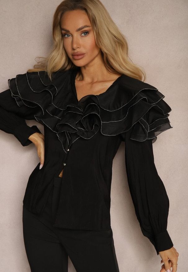 Renee - Czarna Wieczorowa Koszula z Ozdobnymi Falbanami i Guzikami Lerellia. Okazja: na co dzień. Kolor: czarny. Materiał: jeans. Styl: wizytowy