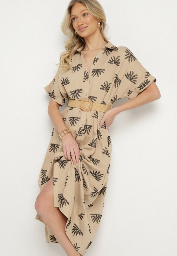 Born2be - Beżowa Koszulowa Sukienka z Wiskozy Zdobiona Haftem z Elastycznym Paskiem Liovira. Okazja: na co dzień. Typ kołnierza: dekolt w kształcie V. Kolor: beżowy. Materiał: wiskoza. Długość rękawa: krótki rękaw. Wzór: aplikacja, haft. Typ sukienki: koszulowe. Styl: casual