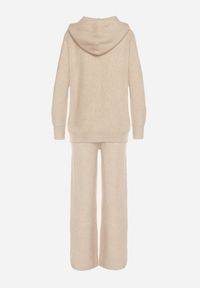 Born2be - Beżowy Komplet z Wełną i Bawełną Szerokie Spodnie i Rozpinana Bluzka z Kapturem Reikania. Kolor: beżowy. Materiał: wełna, bawełna #2