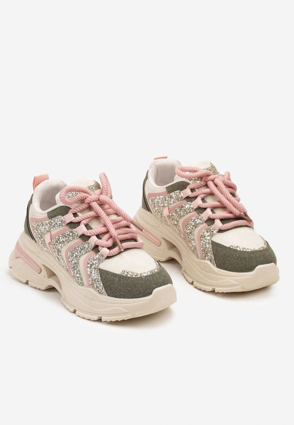 Renee - Beżowo-Zielone Sznurowane Sneakersy na Platformie Ozdobione Brokatem Ewla. Nosek buta: okrągły. Zapięcie: sznurówki. Kolor: beżowy. Materiał: materiał. Wzór: aplikacja. Obcas: na platformie. Wysokość obcasa: średni
