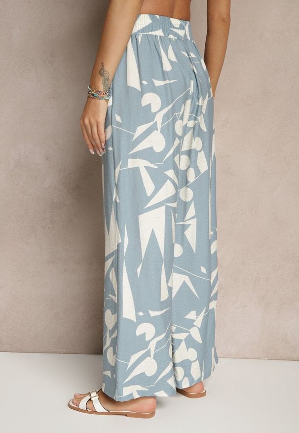 Renee - Niebieskie Szerokie Spodnie High Waist z Wiskozy Zdobione Abstrakcyjnym Printem Zileira. Okazja: na co dzień. Stan: podwyższony. Kolor: niebieski. Materiał: wiskoza. Wzór: nadruk, aplikacja. Styl: elegancki, casual, klasyczny