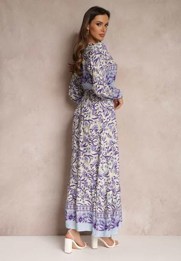 Renee - Fioletowo-Beżowa Sukienka Maxi w Kwiaty z Wiskozy Vellu. Kolor: fioletowy. Materiał: wiskoza. Wzór: kwiaty. Styl: boho. Długość: maxi