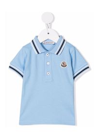MONCLER KIDS - Błękitna koszulka polo 0-3 lat. Typ kołnierza: polo. Kolor: niebieski. Materiał: bawełna. Długość rękawa: krótki rękaw. Wzór: prążki, aplikacja. Sezon: lato