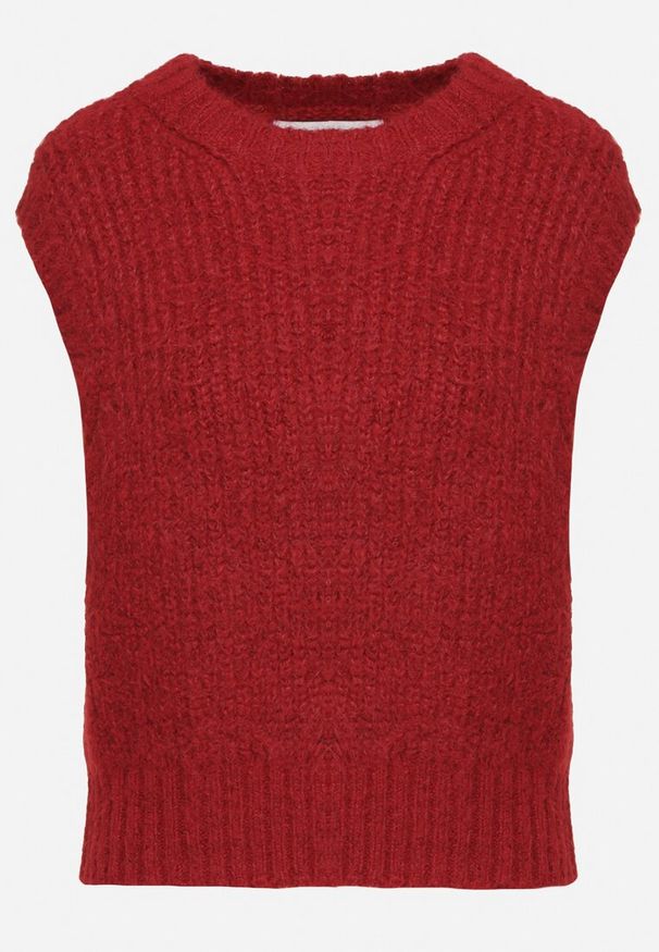 Born2be - Bordowa Prążkowana Kamizelka z Wełną w Stylu Sweterka Sintille. Kolor: czerwony. Materiał: prążkowany, wełna. Wzór: prążki, aplikacja. Styl: elegancki