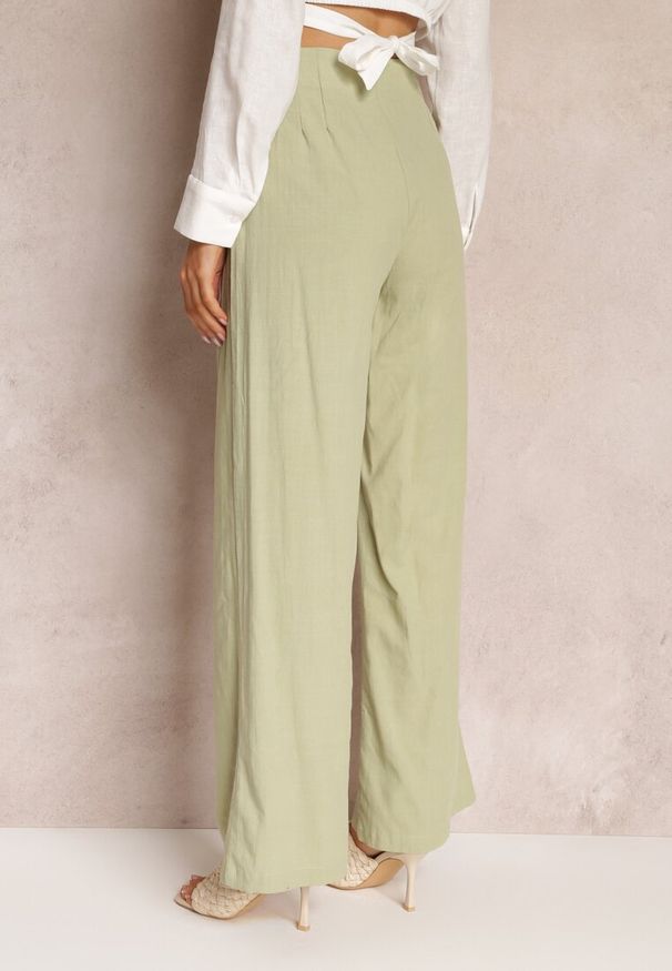 Renee - Miętowe Szerokie Spodnie z Wysokim Stanem z Bawełny Henve. Stan: podwyższony. Kolor: miętowy. Materiał: bawełna. Długość: długie. Sezon: wiosna, lato