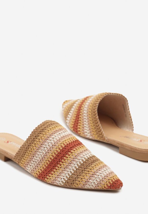 Renee - Brązowe Klapki Mule Ozdobione Plecionką Lisirea. Okazja: na co dzień. Kolor: brązowy. Materiał: jeans. Wzór: aplikacja. Styl: elegancki, casual